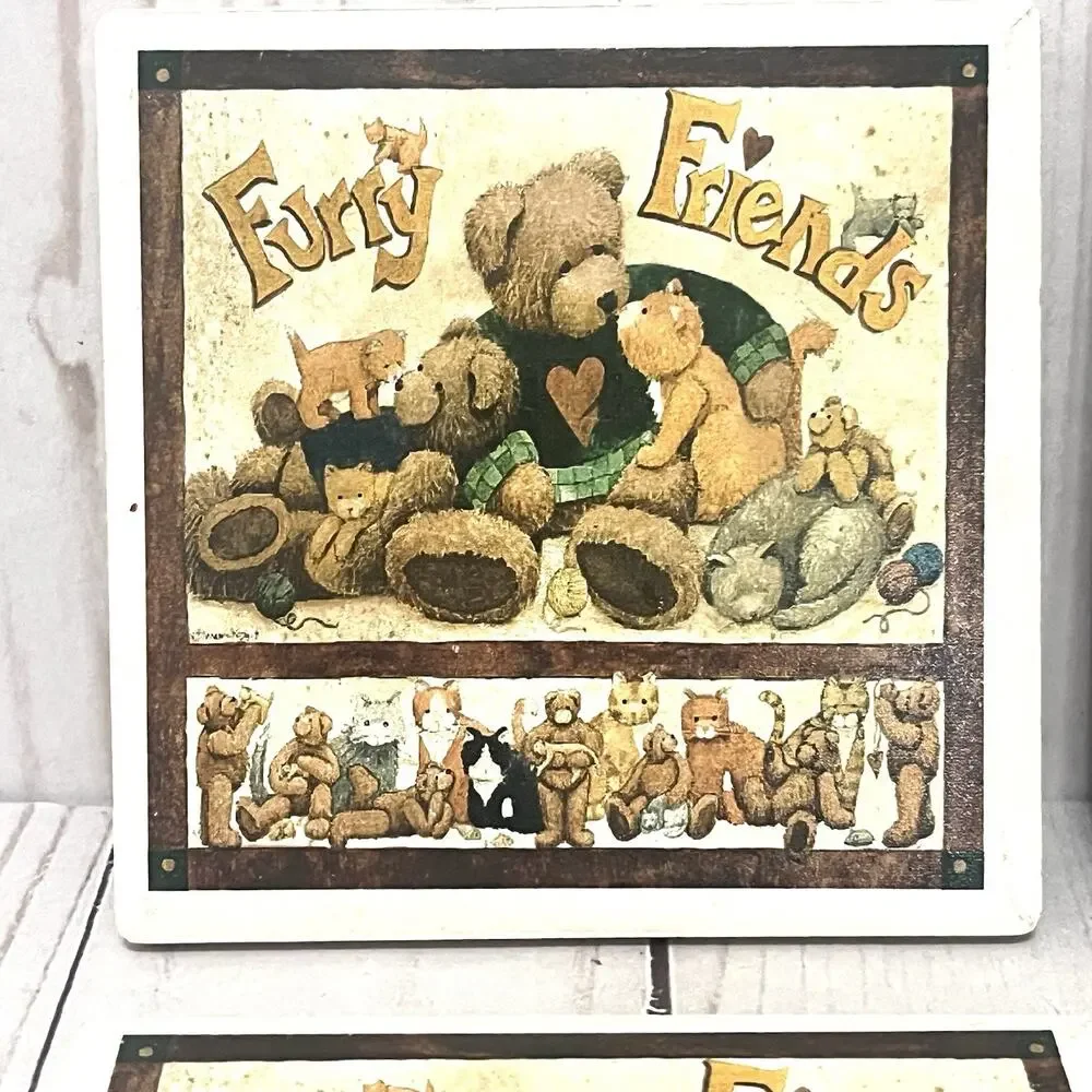 Vintage Anna Krajewski Ceramic Furry Friends Tile Coasters Cats Cottagecore 4